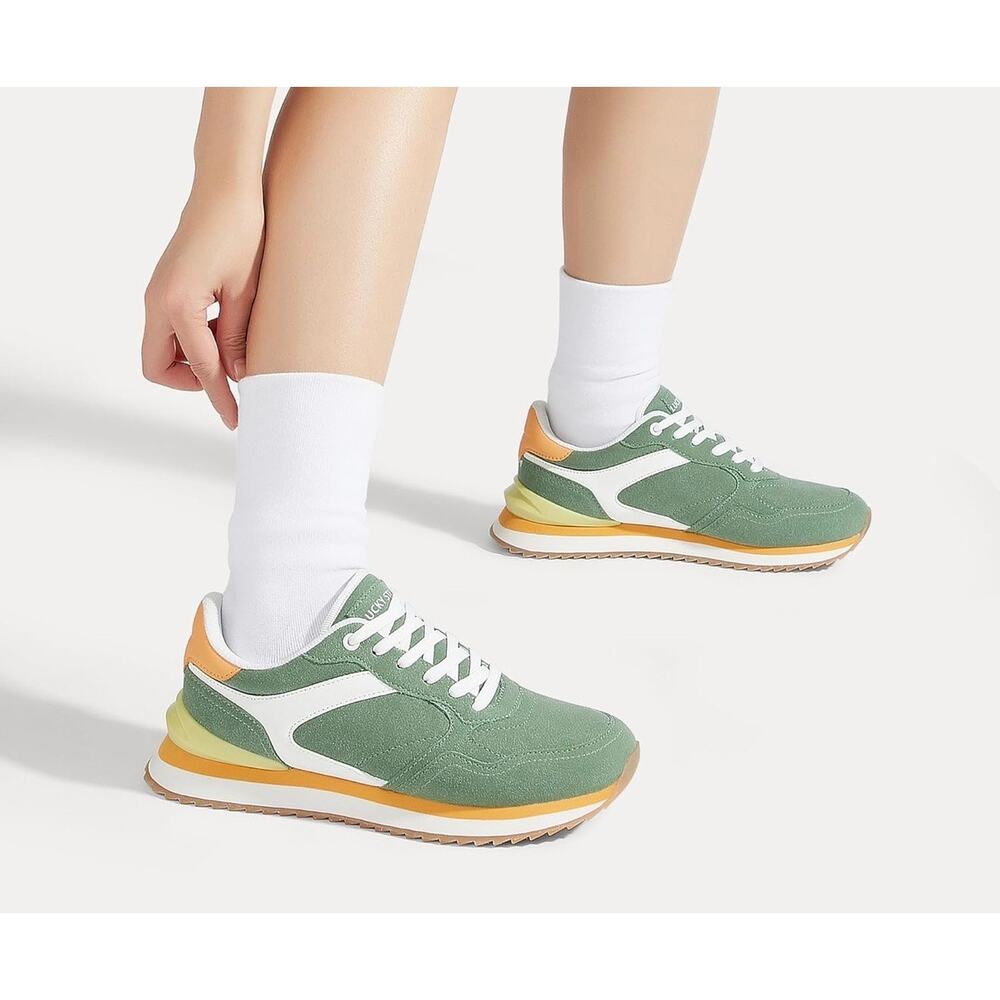 Lucky Step Platform Sneakers Suede Colorblock Retro Neutral Tennis Shoes Size 8